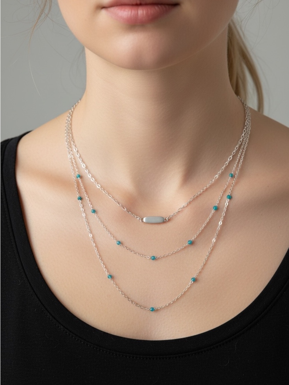 10/15 Sterling Silver Layered Necklace with Turquoise Beads - Women Jewelry
